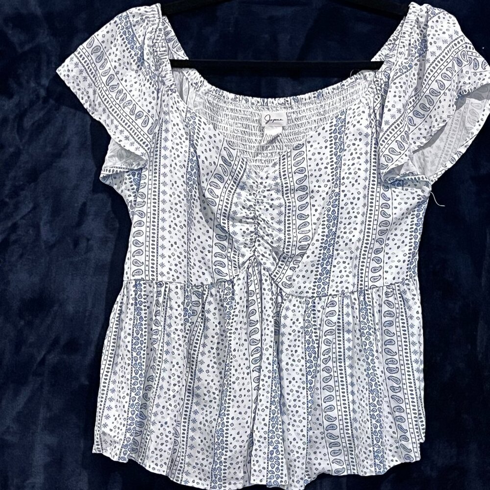Japna‎ XL White Blue Boho Blouse Top Smocked Peasant Flutter Sleeve Milkmaid